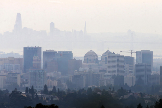A smokey haze view of the Bay Area seen from the Mormon Temple in Oakland, Calif., on Wednesday, Oct. 10, 2017. (Ray Chavez/Bay Area News Group)
