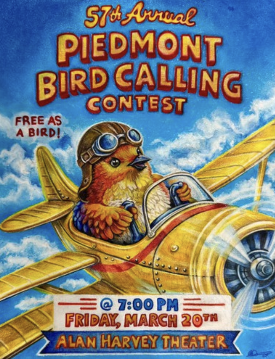 The Bird Calling Contest Poster designed by Freshman Mo Wang who won the design in the poster competition. 