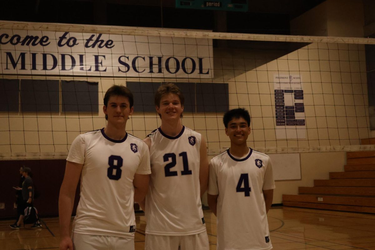 Captains seniors Luck Peterson, Drew Kobal, and junior Lukas Kim at their practice in Morrison Gym on Mar. 9.