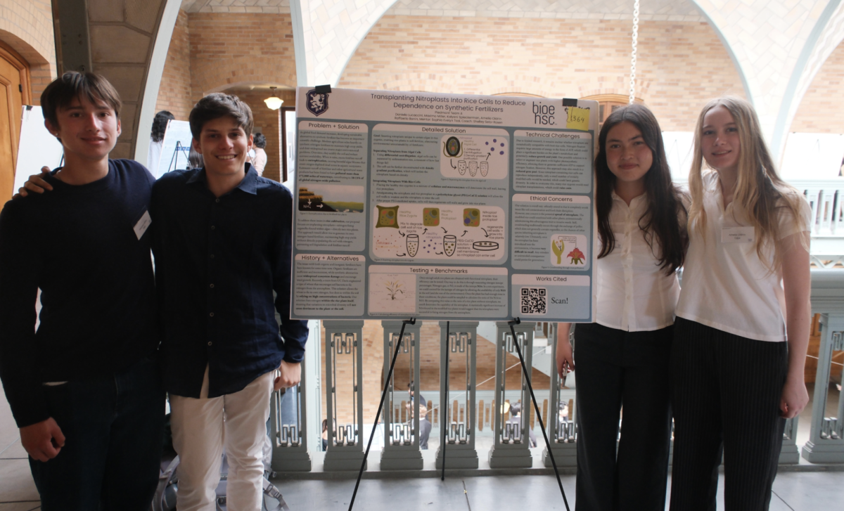 Maximo Miller, Raffi Banin, Daniella Lucacini, Amelia Oldrin (Kalyani Spieckerman not pictured) with their
project that earned fourth place at the competition.