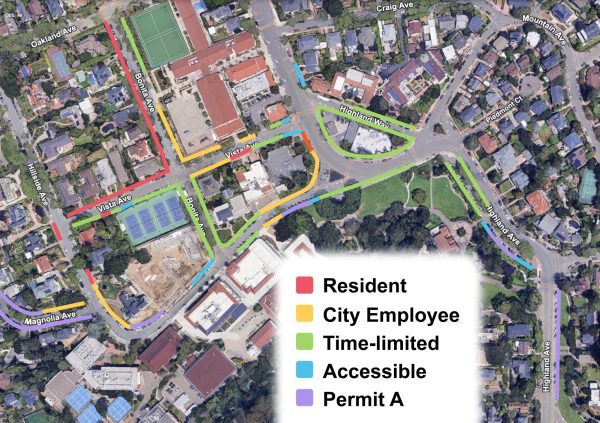 A highlighted satellite map of the area surrounds Piedmont High's campus showing the updated parking restrictions. Areas not marked are subject to standard parking regulations.